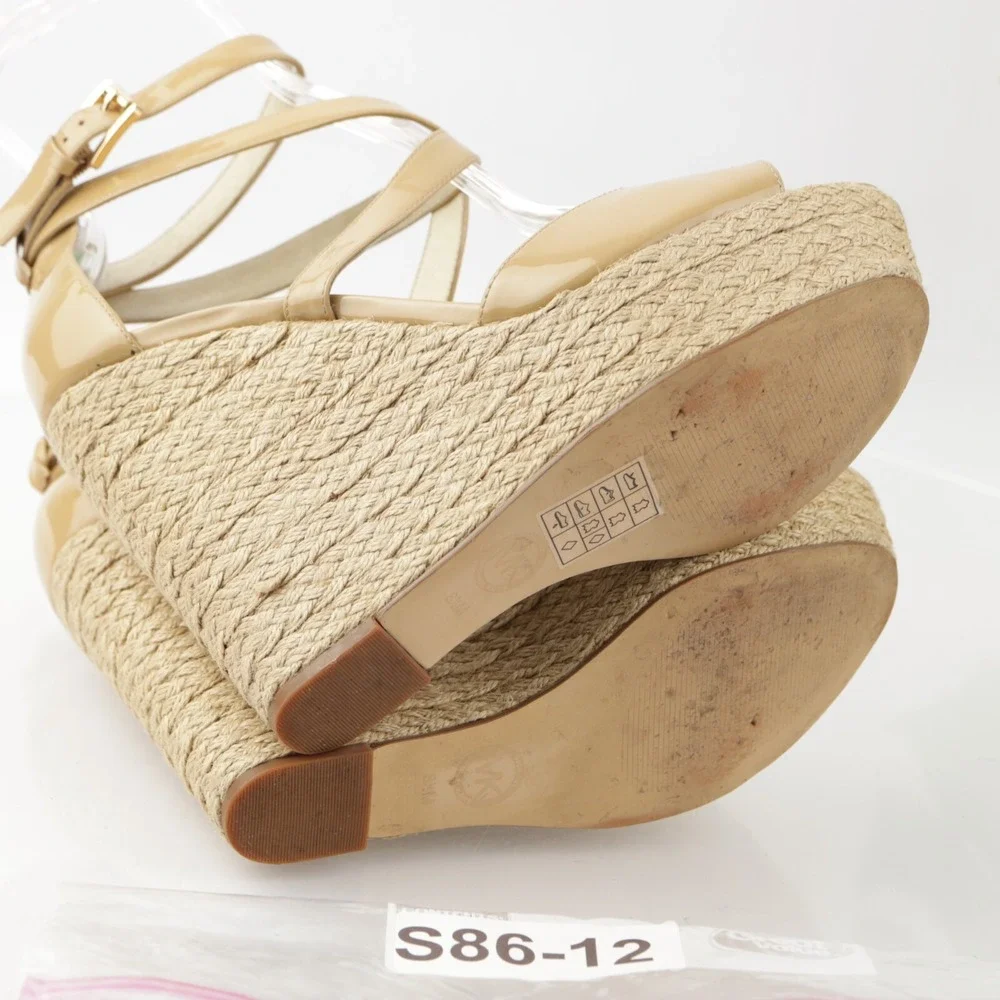 Michael Kors Womens Gabriella Sandal Size 8.5 Tan Patent Espadrille Wedge Shoes